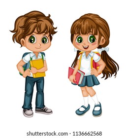 Cartoon Vector Illustration of a School Boy and Girl with Backpacks and Books. Cute Student Characters Isolated on White Background