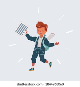 Cartoon vector illustration of school boy, student carrying backpack and test shit of notebooks - isolated on white