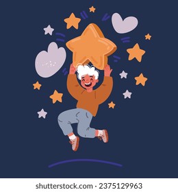 Cartoon vector illustration of school boy jumping to reach the stars over dark backround