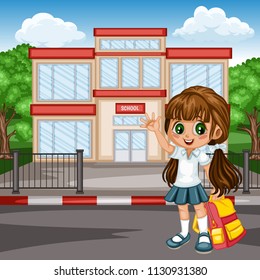 Cartoon Vector Illustration of a School Girl with Backpack in front of a School Building. Cute Student Character Waving and Going to School. Back to School Vector Concept