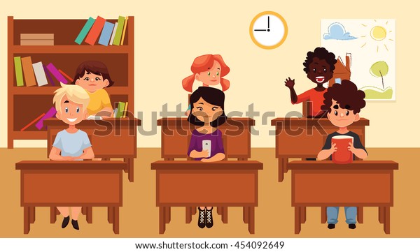 教室で勉強する学生の漫画のベクターイラスト 教室で机に向かって座る多様な学校の子どもたち 小学校の授業 のベクター画像素材 ロイヤリティフリー 454092649