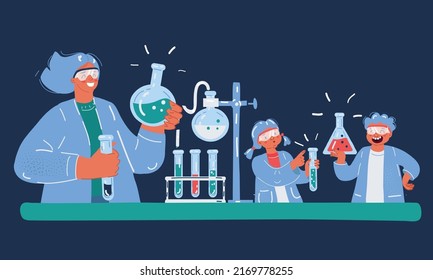 Cartoon vector illustration of school Laboratory. Teacher and kids over dark backround