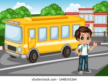 Cartoon Vector Illustration of a Schoolboy with Backpacks in front of School Building and School Bus. Cute Student Waving and Showing Thumb Up. Back to School Cartoon Concept