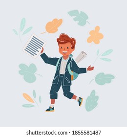 Cartoon vector illustration of Schoolboy at exam isolated on white background. Happy boy with backpack run to school.