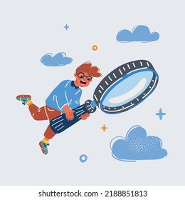 Cartoon vector illustration of schoolboy looking through magnifier