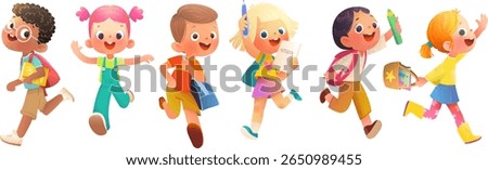 Cartoon vector illustration of schoolchildren running with backpacks books and notebooks. Fun back to school scene with kids boys, girls elementary student characters. Children education collection.