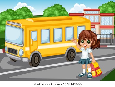 Cartoon Vector Illustration of a Schoolgirls with Backpacks in front of School Building and School Bus. Cute Student Waving and Showing Thumb Up. Back to School Cartoon Concept