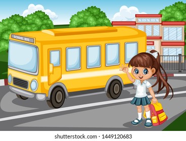 Cartoon Vector Illustration of a Schoolgirls with Backpacks in front of School Building and School Bus. Cute Student Waving and Showing Thumb Up. Back to School Cartoon Concept