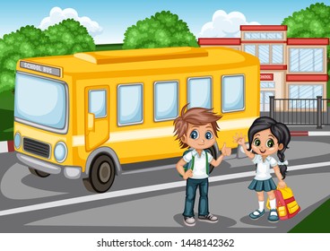 Cartoon Vector Illustration of a SchoolKids with Backpacks in front of School Building and School Bus. Cute Students Waving and Showing Thumb Up. Back to School Cartoon Concept