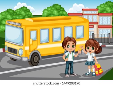 Cartoon Vector Illustration of a SchoolKids with Backpacks in front of School Building and School Bus. Cute Students Waving and Showing Thumb Up. Back to School Cartoon Concept