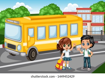 Cartoon Vector Illustration of a SchoolKids with Backpacks in front of School Building and School Bus. Cute Students Waving and Showing Thumb Up. Back to School Cartoon Concept