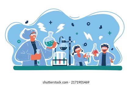 Cartoon vector illustration of scientist and kid student doing chemistry experiment in lab. Chemistry lesson for children.