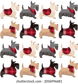 A cartoon vector illustration of scottish terrier, cute puppies. Dog character. Seamless pattern.