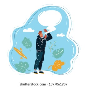Cartoon vector illustration of screaming man with speech bubble on blue.