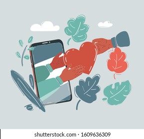 Cartoon vector illustration of screen with red heart with smartphone on white.