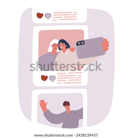 Cartoon vector illustration of scrolling. Social media photo friends together