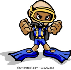 Cartoon Vector Illustration of a Scuba Diver with Mask and Gear
