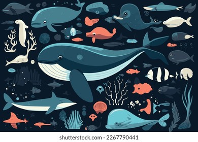 cartoon vector illustration of sea creatures with whales and many fish species