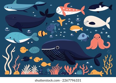 cartoon vector illustration of sea creatures with whales and many fish species