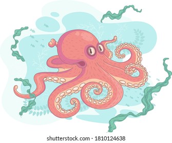 Cartoon vector illustration of a sea dweller, an octopus with tentacles. Print for clothing, website design, children's theme.
