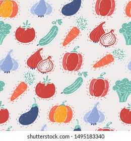 Cartoon vector illustration of Seamless pattern with vegetables on white. Pumpkin, tomato, broccoli, carrots, garlic, cucumber, pepper, eggplant, onion