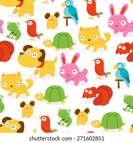 A cartoon vector illustration seamless pattern background of happy pet shop animals theme. 