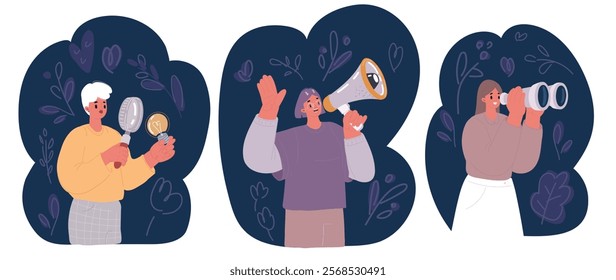 Cartoon vector illustration of Search for employees concept. Different specialization People with symbol them work. Creative, researching, looking, promotion. Binoculars, magnifying glass, bulb, megap