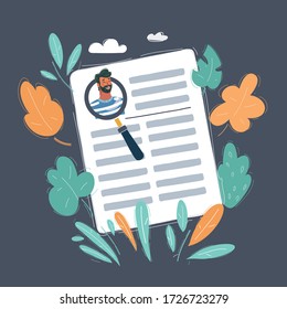 Cartoon vector illustration of search for job with magnify glass on dark background. Employee profile Man try find work.