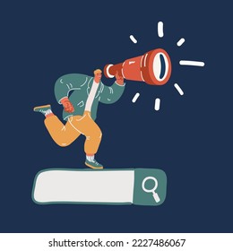Cartoon vector illustration of Search or research concept. Man run on the search bar and looks through spyglass. A metaphor for finding solutions for business over dark background