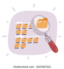 Ilustración vectorial de dibujos animados del archivo de búsqueda. el empleado usa lupa. Carpeta amarilla con documentos. Administrador de archivos, almacenamiento de datos e indexación. Búsqueda de archivos.