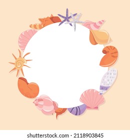 A cartoon vector illustration of seashells round copyspace background.