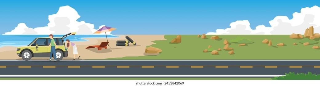 Cartoon vector or illustration of seaside beach tourism. SUV car with an open back and a couple packing up for a beachside getaway. Parking beside asphalt road. Road beside sand beach under blue sky.