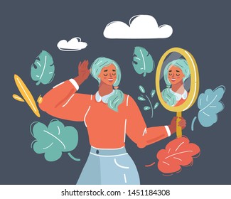 Cartoon vector illustration of Self love Women. Self Love, Confidence and Concept. Human face on dark background.