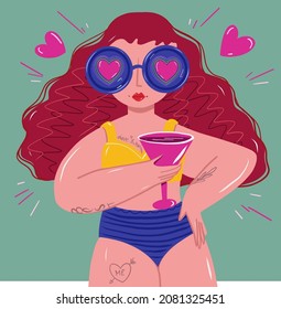 Cartoon vector illustration of Self love Women. Self Love, Confidence and Concept. Pretty plus size women
