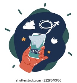 Ilustración vectorial de dibujos animados de Enviar su mensaje. Mano con planeamiento de papel de fondo oscuro