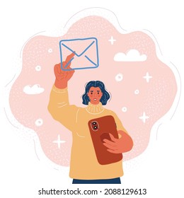 Cartoon vector illustration of Sending email. Push the envelope sign