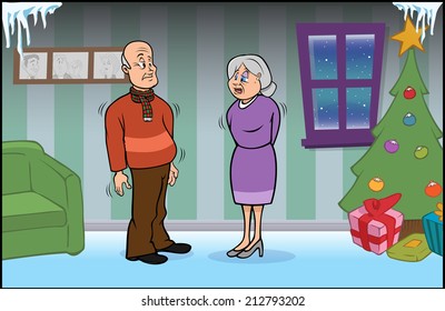 cartoon vector illustration of a senior couple freezing