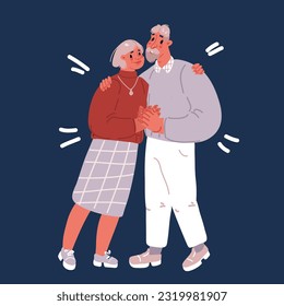 Cartoon vector illustration of Senior couple of man and woman hugging. Old gray-haired husband and wife embracing and supporting each other. Grandma and grandpa together over dark background