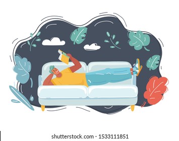 Cartoon vector illustration of Senior man felt asleep while reading book.