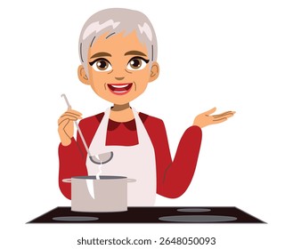 Cartoon vector illustration of a senior woman cooking, holding a kitchen utensil in one hand and presenting a blank copy space with the other. Drawing for recipe blogs, advertisements or cooking promo