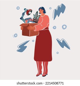 Cartoon vector illustration of serious fear worker dismissed lady. World financial crisis. Lost work hold carton box stuff