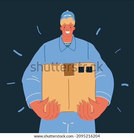Cartoon vector illustration of Service of fast delivery. Express delivery courier service. Man courier with box in his hands on dark backround.