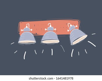 Cartoon vector illustration of set with 3 spotlights lamp with directional light for wall decoration. Hand drawn object on dark background.