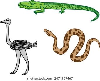 Cartoon vector illustration, set of 3 items collection of African animals crocodile, python, ostrich in ethno style on a transparent background. Funny safari Animals isolated