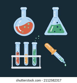 Ilustración vectorial de dibujos animados del Conjunto de 4 contenedores de ciencia sobre el fondo oscuro.