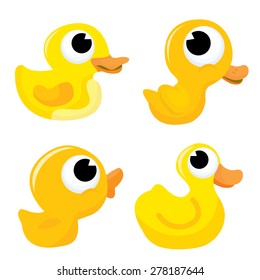 A cartoon vector illustration set  of adorable four different yellow rubber ducks.