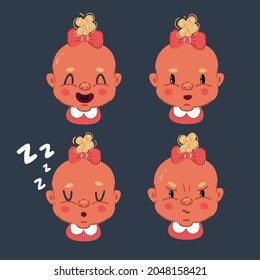 Cartoon vector illustration of Set of baby girl emotion expression: laughing, crying, curious baby. Sad, happy, angry, thoughtful kid on dark backround.