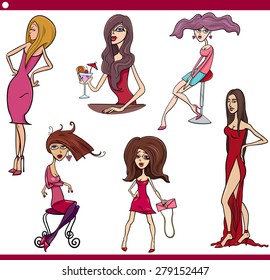 Cartoon Vector Illustration Set of Beautiful Young Women Characters