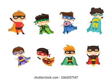Cartoon vector illustration set of Boys Superhero wearing comics costumes isolated on white background.