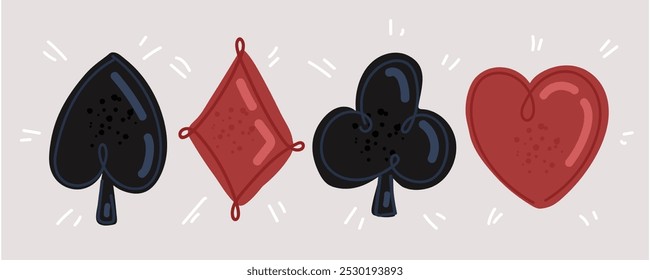 Cartoon vector illustration of Set of card suits. Clubs, hearts, diamonds, spades.